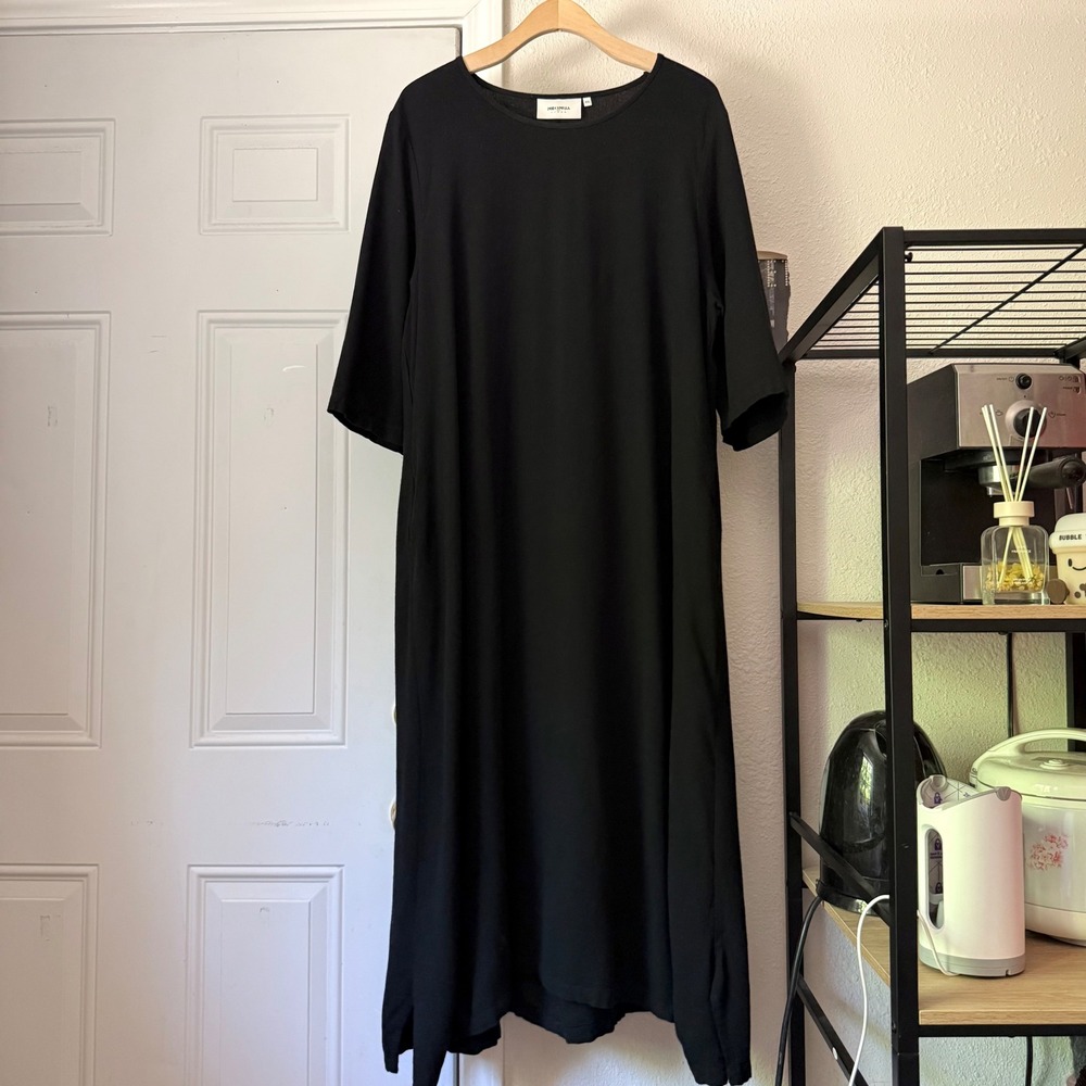 MEOMUA black cotton linen lagenlook boat neck long 3/4 sleeve midi maxi dress